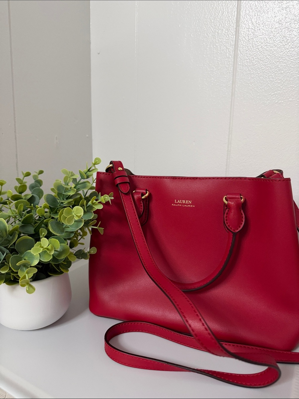 Lauren Ralph Lauren Red Leather Shoulder Tote with Adjustable Strap